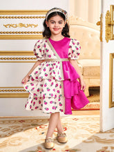 Young Girl Woven Floral & Color Block Round Neck Puff Sleeve Fitted Dress